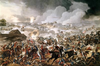 The British army commanded by the Duke of Wellington (1769 - 1852) won the Battle of Waterloo against the French troops of Napoleon I on 18/06/1815. Engraving of the period by Unknown artist
