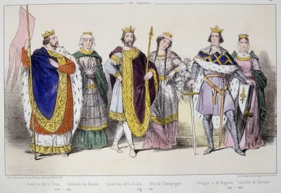 The Capetians. From Left to right: Louis VI called the Fat (1081 - 1137), Adelaide or Alix de Savoie (? -1154), Louis VII called the Young (1120 - 1180), Alix de Champagne (1140-1206), Philip II called Augustus (1165-1223) and Isabelle de Hainaut (1170-119 by Unknown artist