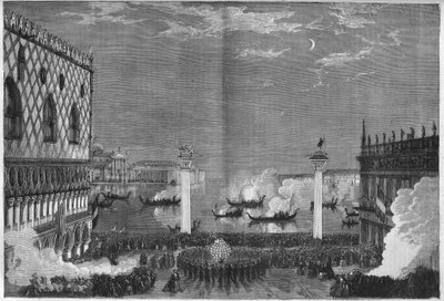 The Carnival of Venice: The Night of Fat Sunday on the Piazzetta. Engraving in 