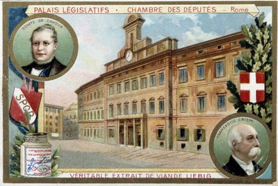 The Chamber of Deputies in Rome (Italy), with Portraits of Count Camillo Benso de Cavour and Francesco Crispi - Liebig Chromolithography by Unknown artist