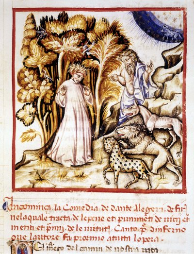 The Divine Comedy of Dante Alighieri. Miniature Depicting Dante, Virgil and the Three Beasts. 14th century manuscript, Municipal Bibl. of Rimini by Unknown artist