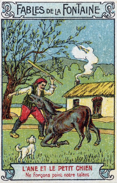 The Donkey and the Little Dog - Fables by Jean de La Fontaine (1621-95) Chromolithography of the End of the 19th Century Private Collection. by Unknown artist