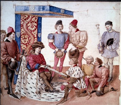The Duke of Brittany presents his sword to the kings of arms. Miniature taken from The book of tournaments of King Rene of Anjou (Rene I of Naples) (1409-1480) by Unknown artist