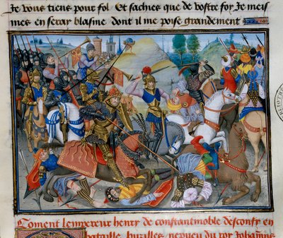 The Emperor of Constantinople Henry I of Flanders Hainaut (1177-1216) during a battle. Miniature from Chronicle abregee by David Aubert by Unknown artist