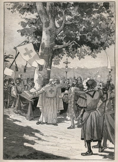 The Erable of Tons in Switzerland, at the foot of which the Abbe of Dissentis, the Counts of Saxony and Werdenberg and the Baron of Razuns swore in 1424 the Upper League or League of Graubünden, which prepared Helvetic independence. Engraving from 1885 in by Unknown artist