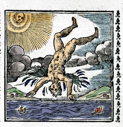 The Fall of Icarus. Colourful Xylography. 16th century by Unknown artist