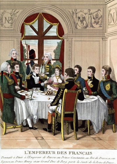 The French Emperor Napoleon I in Tilssit receiving the Emperor of Russia, Prince Constantine, the King of Prussia, his wife, Prince Henry and the Grand Duke of Bert, makes a toast to the health of the Queen of Prussia by Unknown artist