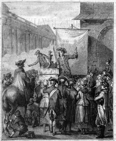 The French Charlatan in the 18th Century. Engraving in 