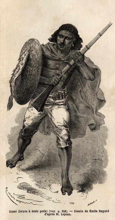 The Game, or Brave Has Three Hair, Abyssinian Gun Soldier. Engraving to illustrate the voyage in Abyssinia, in 1862 by Guillaume Lejean, in Le tour du monde, nouveau journal des voyages published under the direction of Edouard Charton by Unknown artist