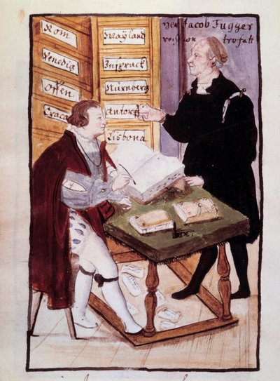 The German banker Jacob Fugger (1459-1525) in his office with his German accountant Matthaus Schwarz. Watercolour of the 16th century. BN, Paris by Unknown artist