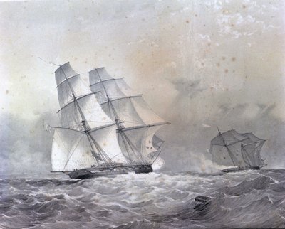 The HMS Acorn brigantine of 16 guns chasing the Negrier Gabriel by Unknown artist