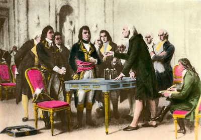 The Italian physicist Alessandro Volta (1745-1827) presents his pile to Napoleon Bonaparte. 1801 by Unknown artist