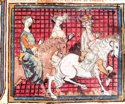 The King of the Franks Chilperic I and Fredegonde on a horse. Miniature from 