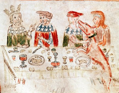 The King of the Francs Pepin III the Brief (714-768) and his son Charlemagne at a banquet from a 12th century manuscript. Venice. Biblioteca nazionale marciana by Unknown artist