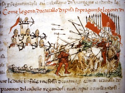 The Knights of Pisa won against the infantry of Lucca in 1397 - in Croniche del Sercambi, around 1400. National Archive, Lucca by Unknown artist