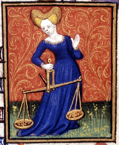 The Libra. Miniature of a horoscope. 15th century manuscript. Bibl. Trivulziana, Milan. by Unknown artist