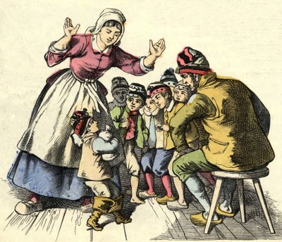 The Little Poulet and his brothers go home to his parents. Illustration of the tale 