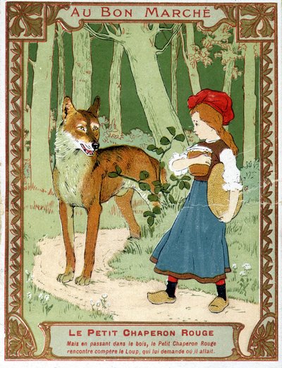The Little Red Riding Hood meets the wolf - Bon Marché advertising label by Unknown artist