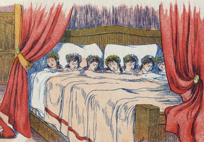 The Little Thumb and his brothers sleep, crown on his head. Illustration for 