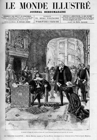 The Marquis de Nangis (interpreted by Dumaine) and Marion (by Sarah Bernhardt) imploring King Louis XIII (Garnier). Theatre piece 