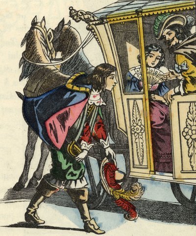 The Marquis of Carabas greets the king and the princess in their carriage. Illustration of the tale 
