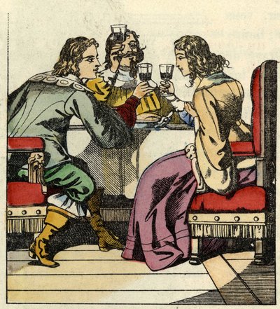 The Marquis of Carabas invites the princess and the king to eat in the castle. Illustration of the tale 