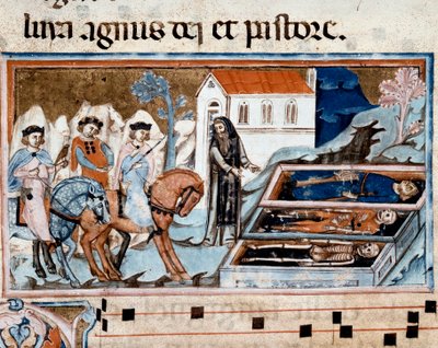 The Meeting of the Three Living and the Three Dead (or Dict) The Three Living and a Hermit in Front of the Three Coffins Presenting Corpses at Different Stages of Decomposition by Unknown artist
