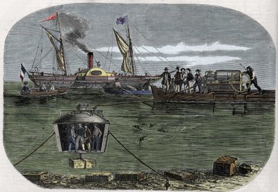 The Nautilus diver bell of Dr. Antoine Prosper Payerne experimented in the Seine, Paris, and then perfected in the United States. Engraving (1858) in Le Monde illustrious by Unknown artist
