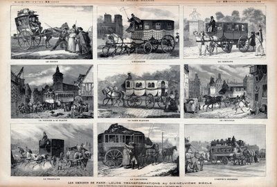 The Omnibus of Paris: their transformations in the 19th century: the cuckoo - the Scottish - the Carolina - the car has 60 seats - the white lady - the tricycle - the Bearnaise - the Parisian - the modern omnibus by Unknown artist
