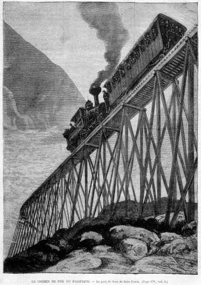 The Pacific Railway on the Dale Creek Wood Bridge - engraving, late 19th century by Unknown artist