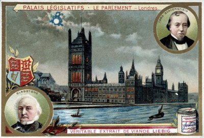 The Palace of Westminster, or Parliament of London (England), with Portraits of William Ewart Gladstone (1809-1898) and Benjamin Disraeli, Lord Beaconsfield (1804-1881) - Liebig Chromolithography by Unknown artist