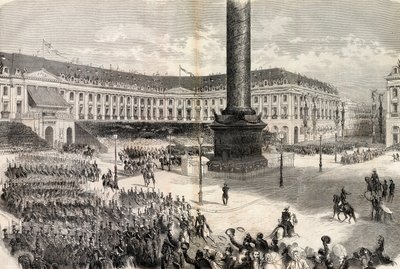 The Paris Fetes, the Army of Italy defiling before the Emperor at the Place Vendome - War of Italy - Return of the troops, Place Vendome, Paris, greetings by Napoleon III by Unknown artist