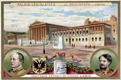 The Reichsrath Palace, Vienna (Austria), with portraits of Count Friedrich Ferdinand de Beust (1809-1886) and Count Gyula Andrassy (1823-1890) - Liebig chromolithography by Unknown artist