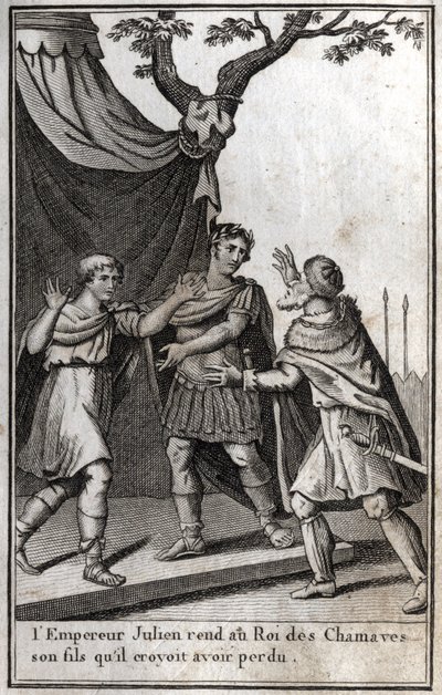 The Roman Emperor Julian (Flavius Claudius Julianus, Julian the Apostate, Julian the Philosopher, Julian II) (332-363) gives back to the king of the Germanic people of the Chamaves his son whom he thought he had lost. 4th century. Engraving in Beaute de l by Unknown artist