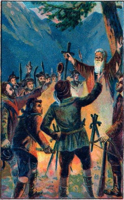 The Rutlischwur - legendary oath of the Old Swiss Confederacy. The three Swiss confederates swearing allegiance to Ruetli. Chromolithography of the end of the 19th century by Unknown artist