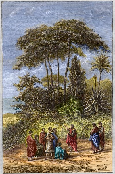 The School of Pythagoras - Pythagoras Among His Pupils in Crotona - Engraving 1879 - The Philosopher Pythagoras and His Disciples Under the Shading of Crotone, Engraving of 1879. by Unknown artist
