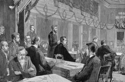 The Socialist Congress of Halle (Saxony) in 1890 in the presence of August Bebel, Engraving of 1890 by Unknown artist