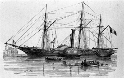 The Sphinx, the first steamboat of the French navy built in 1830. Engraving of the 19th century by Unknown artist