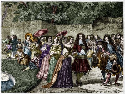 The Sun King (Louis XIV in the gardens of Versailles surrounds his courtyard). Engraving of the 19th century. by Unknown artist