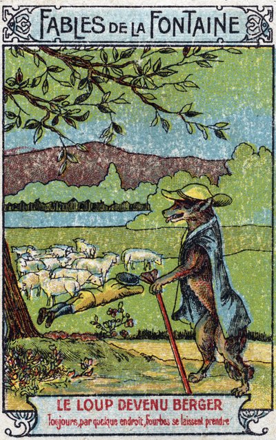 The Wolf became Berger - Fables by Jean de La Fontaine (1621-95) - Chromolithography of the end of the 19th century Private Collection by Unknown artist