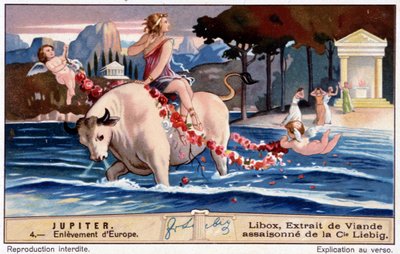The abduction of Europe by Jupiter, looks like a white bull - Libox chromolithography, produced Liebig by Unknown artist