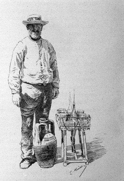 The acquaiolo: the water carrier in Sicily, he went from house to house to distribute water to the inhabitants. Engraving of the 19th century by Unknown artist