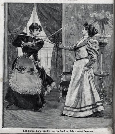The aftermath of a rivalry: a sword duel between women. Engraving in Le Parisien by Unknown artist