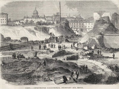 The Amphitheatrist Gallo Romain Discovered at Rue Monge in Paris in 1870, Today the Arenes de Lutèce. Engraving of the 19th Century by Unknown artist