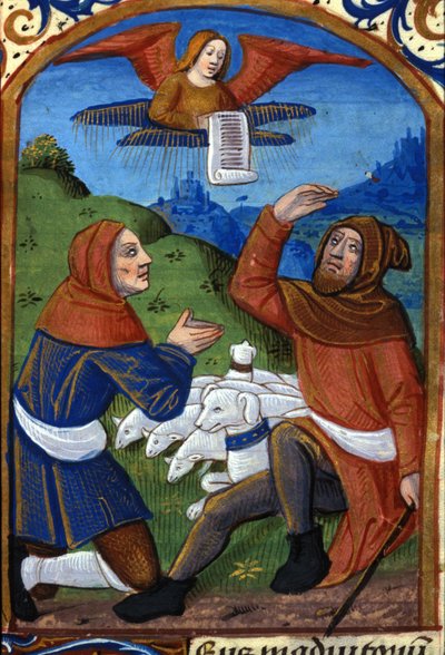 The angel announces to the shepherds the birth of Jesus. 15th century manuscript. Biblioteca Nazionale Braidense, Milan by Unknown artist