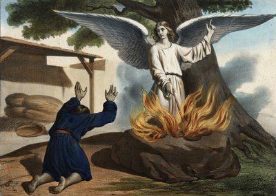 The angel appearing to Gideon to liberate the people of Israel from the occupation of the Midianites. Anonymous engraving from the middle of the 19th century. by Unknown artist