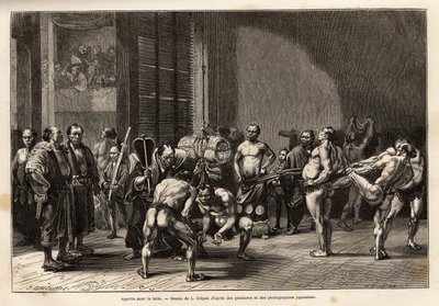 The preparations for sumo wrestling, the athletes warm up, stretch, get styled and concentrate before fighting. Engraving to illustrate the journey to Japan, by Aime Humbert, minister of the Swiss Confederation, in 1863-1864, published in 