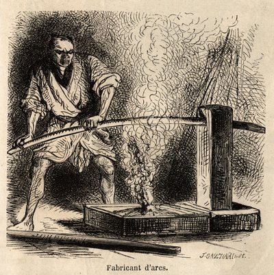 The arcs manufacturer in his workshop, exposes the wood to the flame of a fire of chips, to give them the necessary fold of their curvature. Engraving to illustrate the journey to Japan, by Aime Humbert, minister of the Swiss Confederation, in 1863-1864, p by Unknown artist