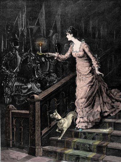 The armory haunted: a young woman descends the steps of a staircase and directs the candle she holds in her hand towards a set of armor. Illustration of the late 19th century by Unknown artist