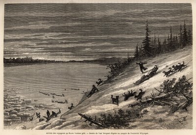 The arrival of passengers by dog sledding at the Yukon River (extreme northern Canada) completely freezes. Engraving to illustrate the voyage and adventures in English Colombia, Vancouver Island and Alaska, by Frederick Whymper by Unknown artist